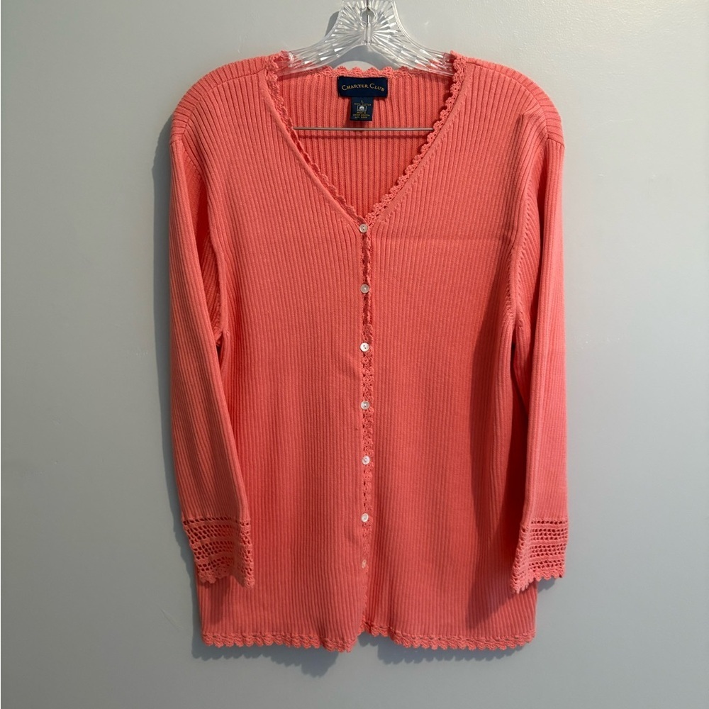 Charter Club Large 100% Cotton Coral Pink Cardigan Crochet 3/4 Sleeve Fairy